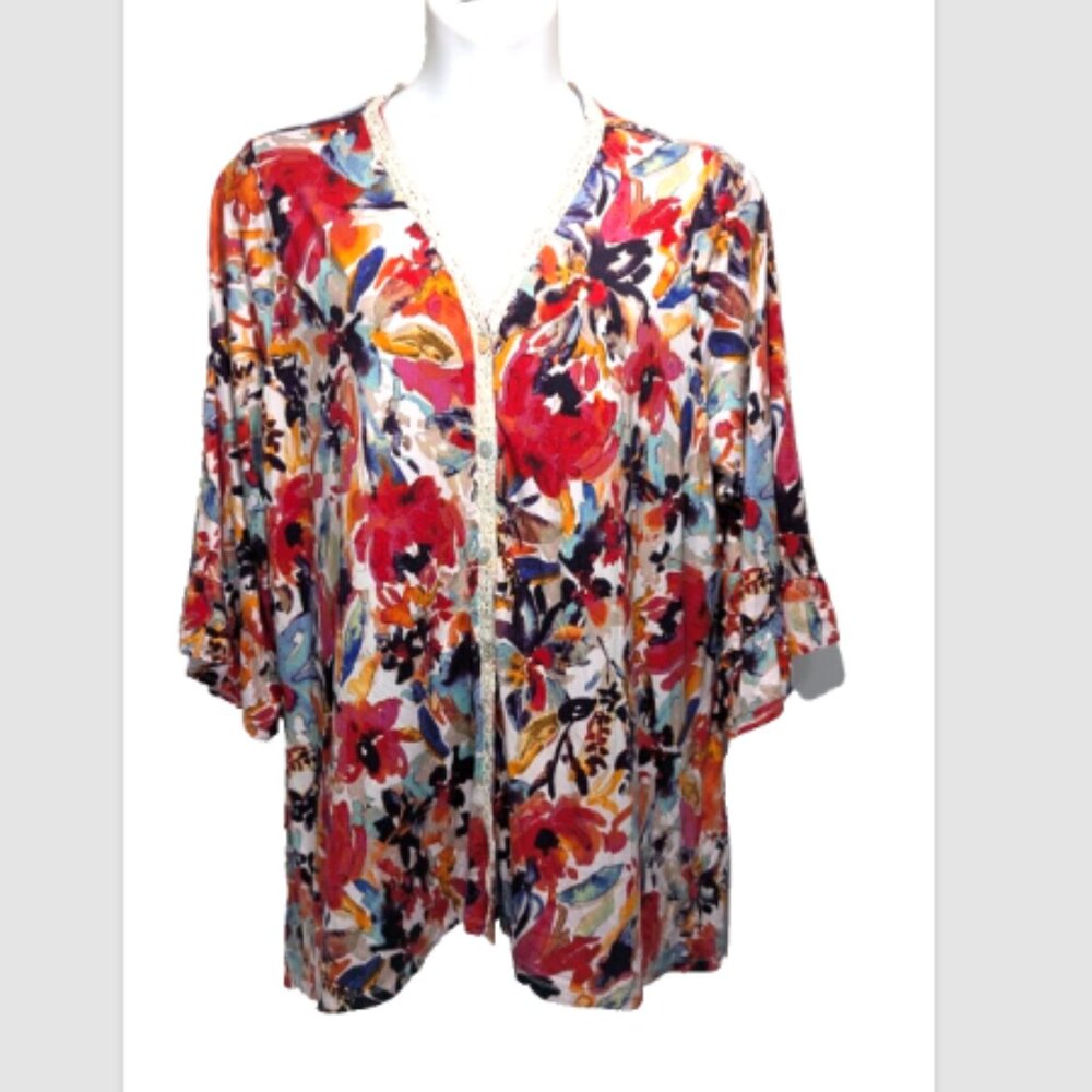 LOGO Lori Goldstein Rayon 230 Cardigan w/Lace & Ruffles Wild Strawberry 3X